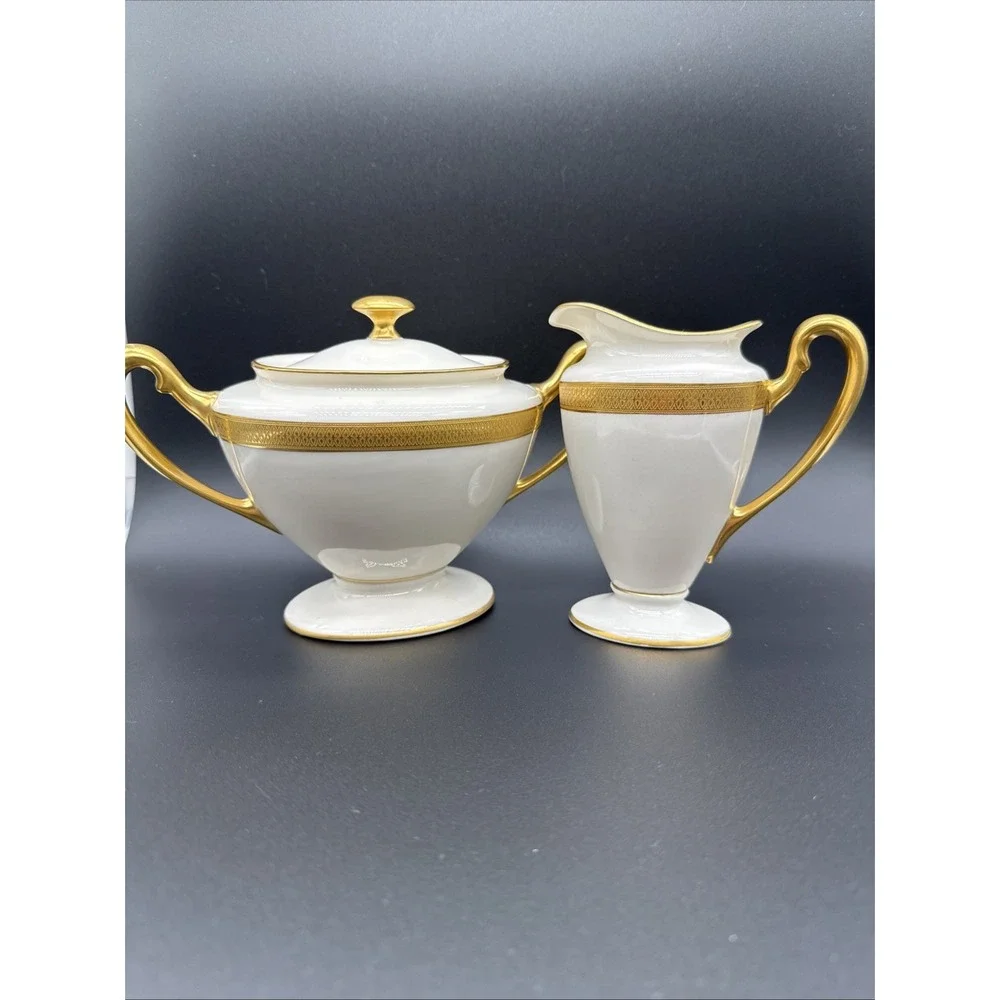 Lenox Ivory Fine China Gold Encrusted Creamer and Sugar Bowl Set 24k Gold Trim